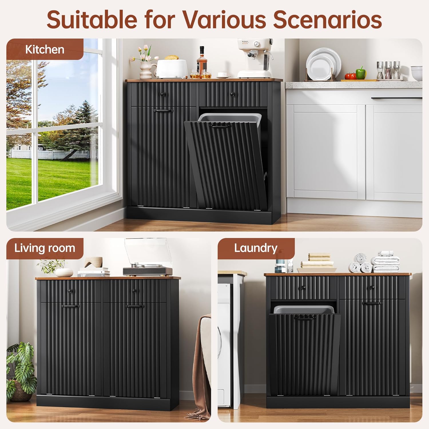 Double Tilt Out Trash Can Cabinet 20 Gallon Large Wooden, Free Standing Laundry Sorter with 2 Hideaway Drawer, 2 Doors Recycling Trash Can Storage for Kitchen Laundry (Black, 20 Gallon)