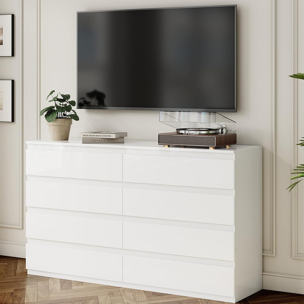 White Wood Dresser for Bedroom, 8 Drawer Dressers for Clothes Storage, Modern Dresser with Wide Drawers, Wide Wooden Chest Drawers for Living Room, Entryway, TV Stand(55" W x15.4 Dx32.3 H)