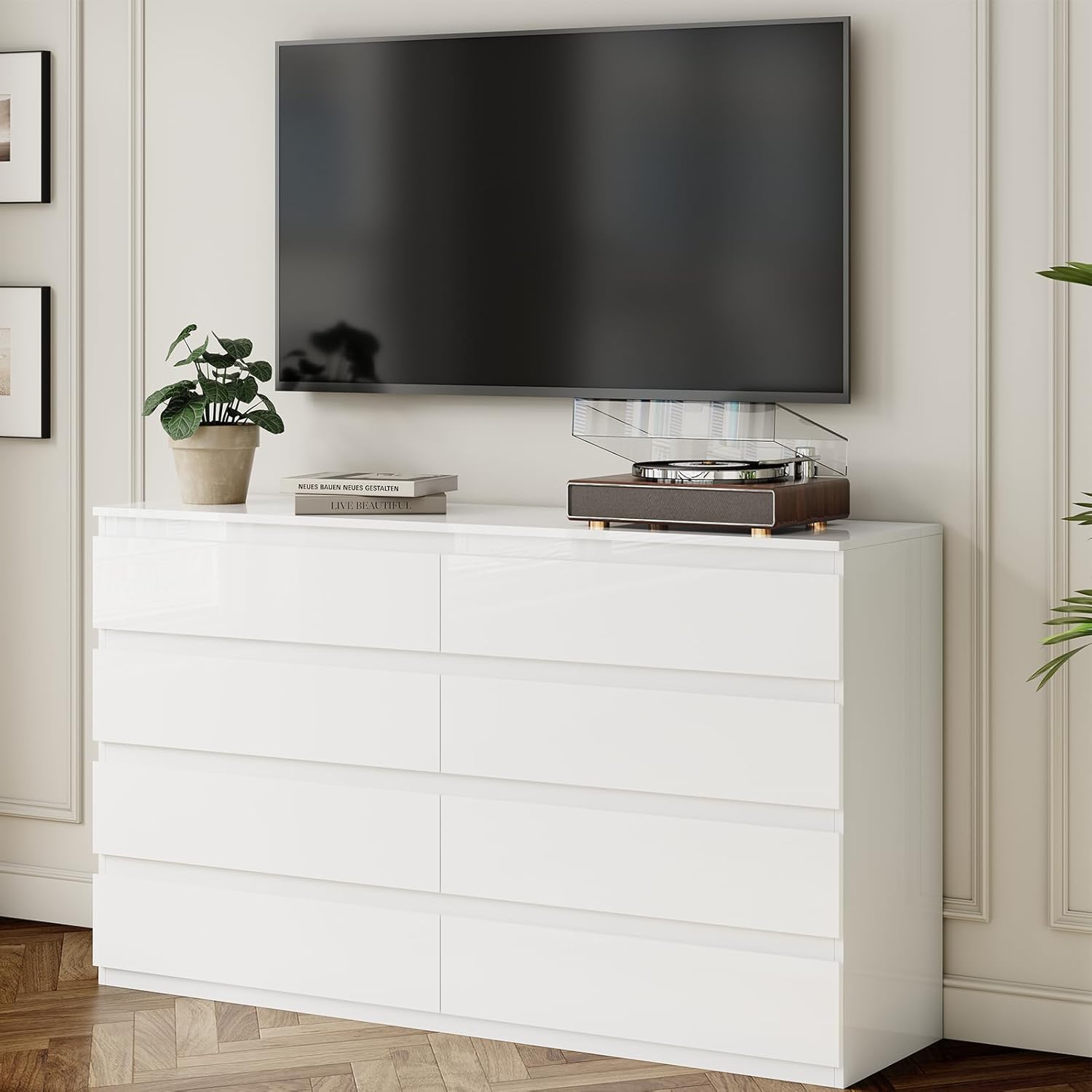 White Wood Dresser for Bedroom, 8 Drawer Dressers for Clothes Storage, Modern Dresser with Wide Drawers, Wide Wooden Chest Drawers for Living Room, Entryway, TV Stand(55" W x15.4 Dx32.3 H)