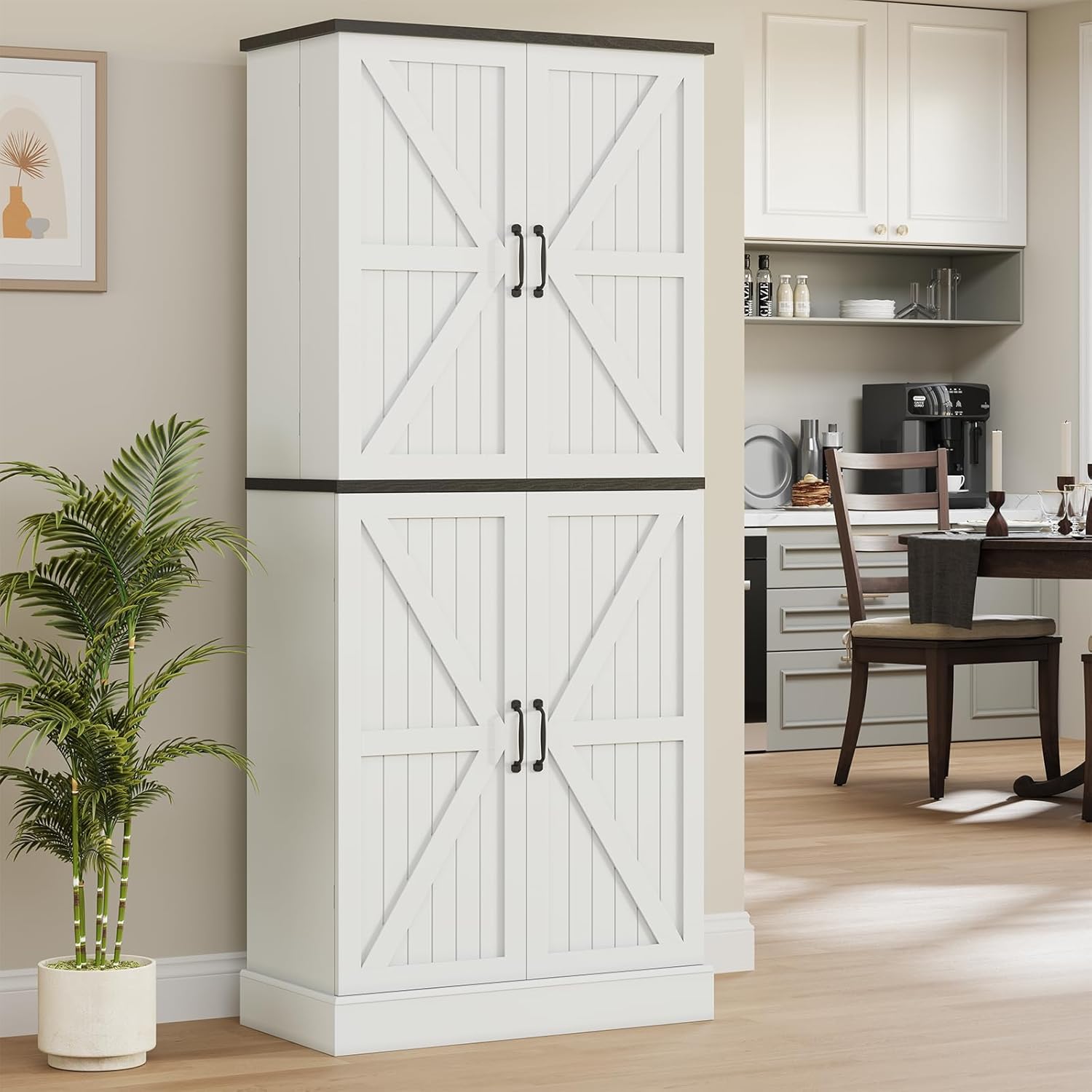 72" Tall Pantry Cabinet, 31.5" W Larger Farmhouse Kitchen Pantry Cabinet with Barn Doors, Hidden Drawer and 4 Shelves, Wood Versatile Storage Cabinet for Kitchen, Dining Room, Living Room