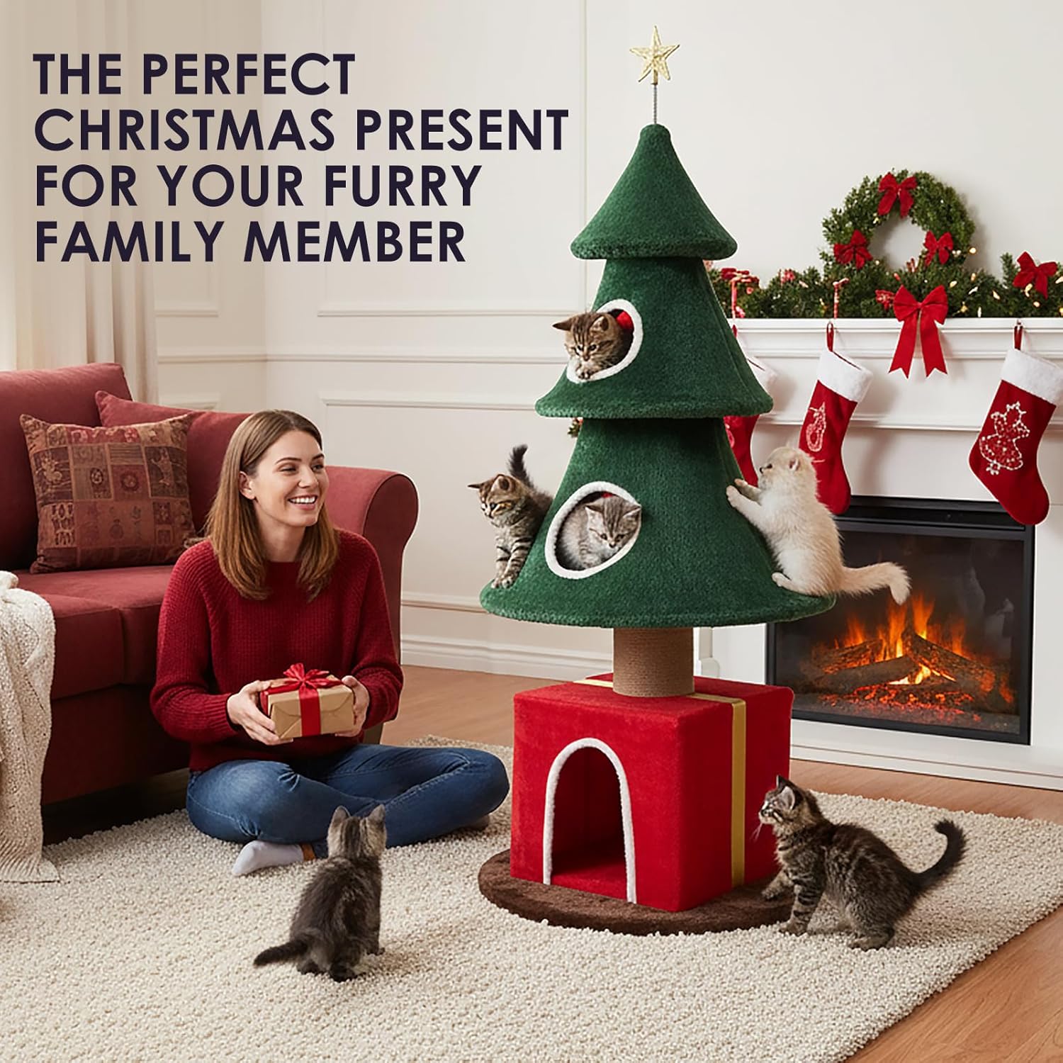 60" Christmas Cat Tree with 3 Cat Houses, Cat Furniture with Interactive Toy for Christmas Decoration (Large)