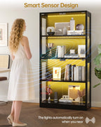 Glass Display Cabinet, 65" Tall Display Case with RGB Lights Curio Cabinet with Glass Doors 4-Tier LED Storage Cabinet with Human Body Sensor & Press-To-Open for Collectibles Book Figure (Black)