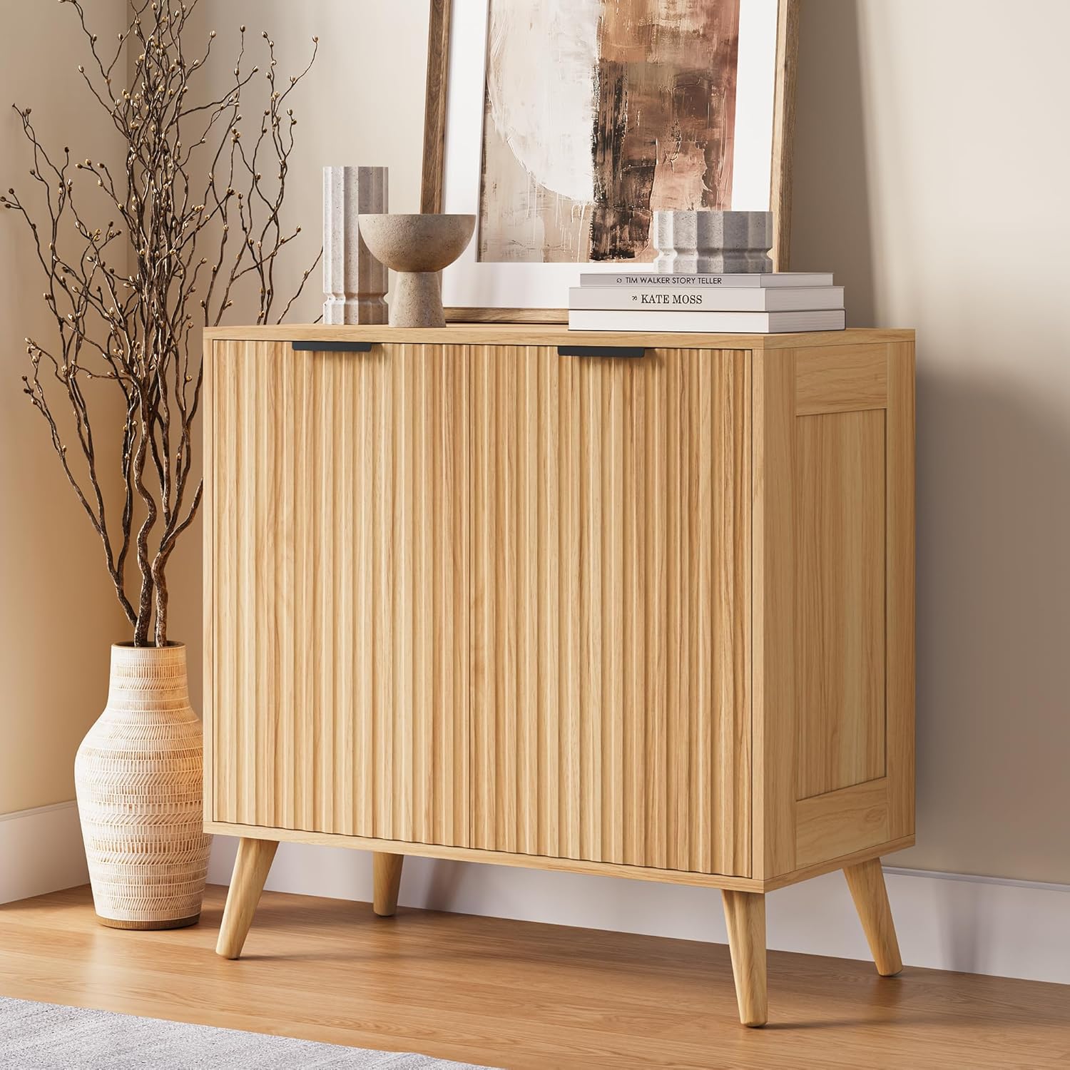 Fluted Sideboard Buffet Cabinet with Storage, Modern Sideboard Cabinet for Dining Room, Accent Credenza with Adjustable Shelves 2 Doors Storage Cabinets for Living Room|Kitchen, Natural