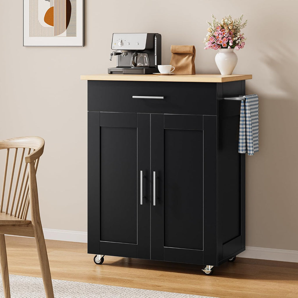 Kitchen Island Cart with Storage, Small Kitchen Island on Wheels with Large Drawer, Adjustable Shelf & Towel Rack, Rolling Island Table for Kitchen & Dining Room, Black