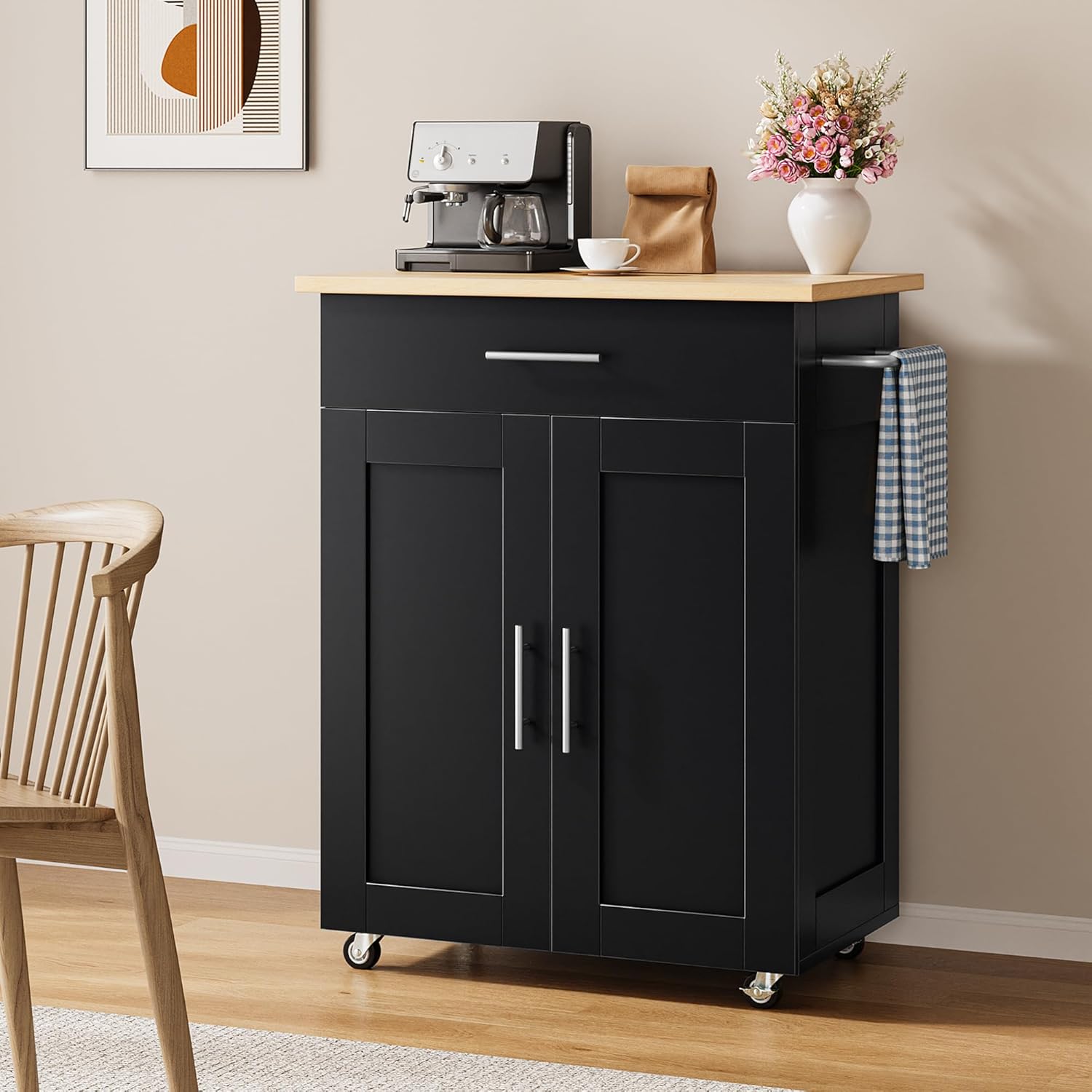 Kitchen Island Cart with Storage, Small Kitchen Island on Wheels with Large Drawer, Adjustable Shelf & Towel Rack, Rolling Island Table for Kitchen & Dining Room, Black