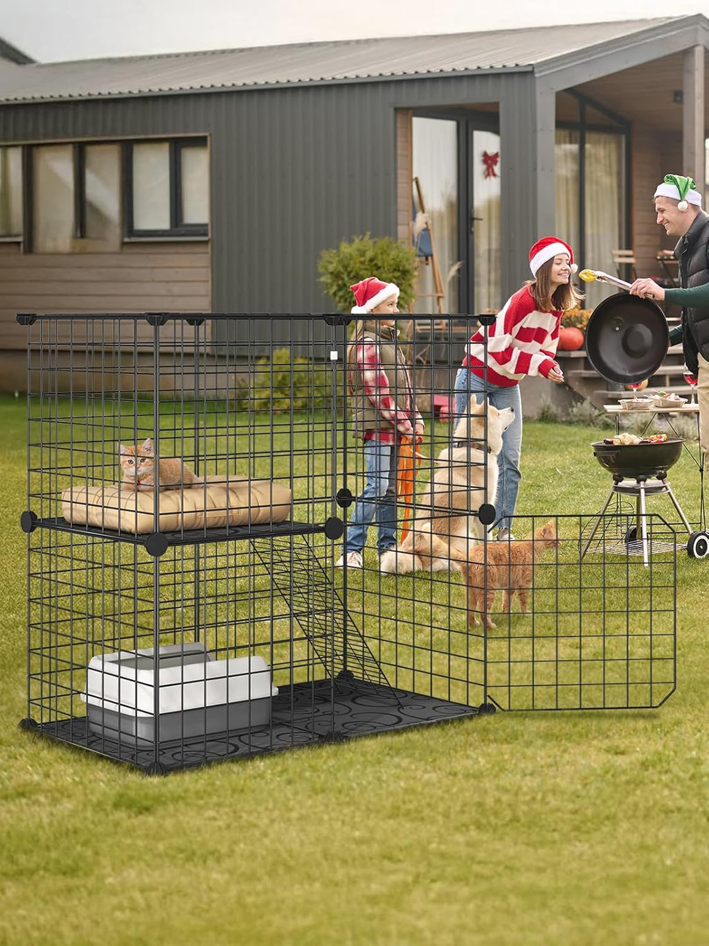 2 Tier Kitten Cage with Climbing Ladder, Sturdy and Stable Metal Wire Cat Enclosure for Indoor Cats, DIY Crate for Ferret, Squirrel and Small Animals, Black