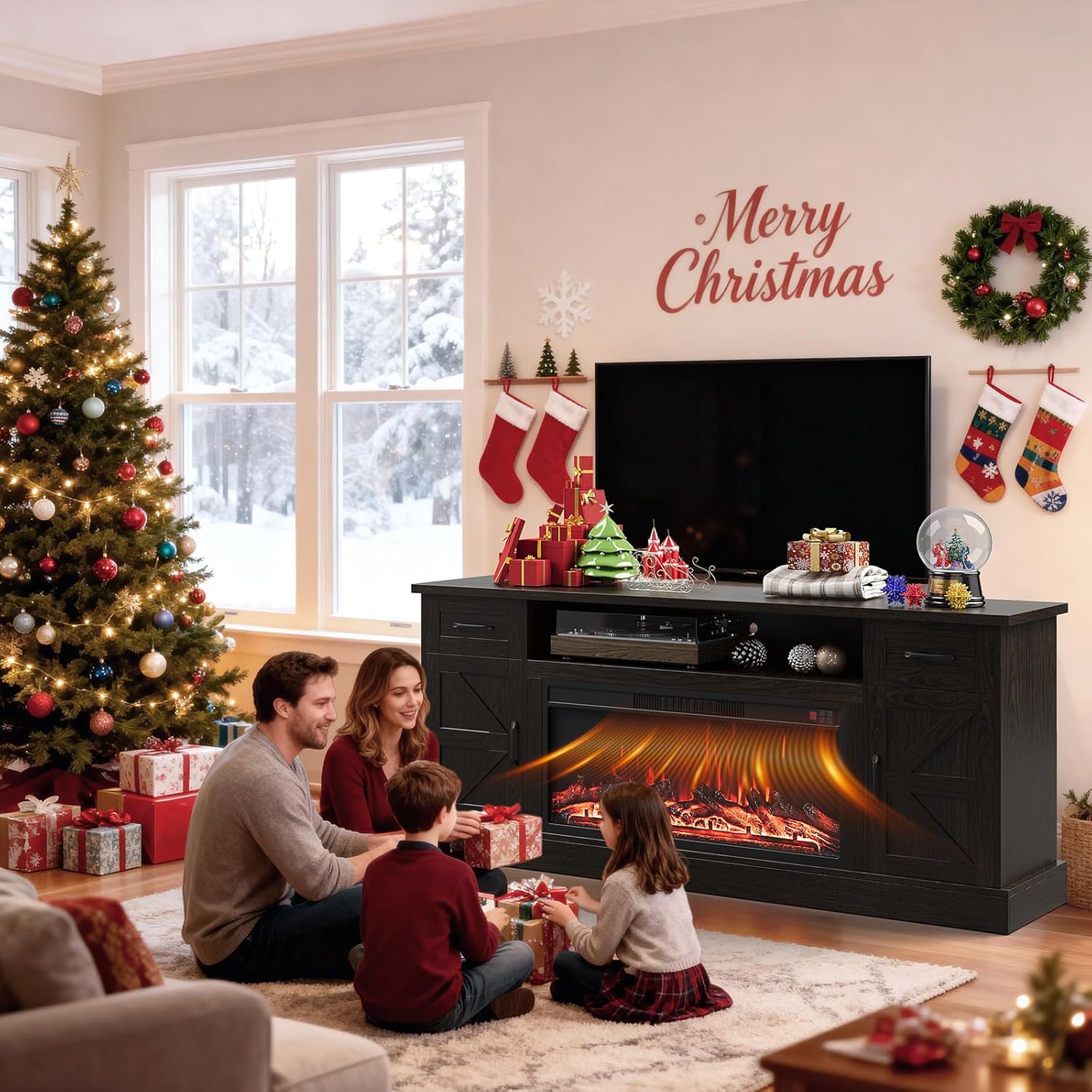 70 inch Fireplace TV Stand for Living Room, Electric Fireplace TV Stand with 12 Colors of 3D Flame & Heating, Entertainment Center with Storage Cabinet (Brown, Farmhouse)