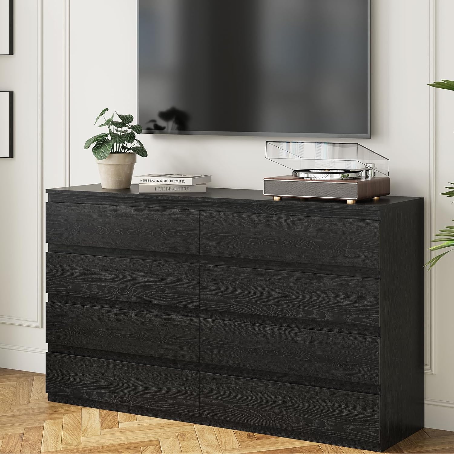 Black Wood Dresser for Bedroom, 8 Drawer Dressers for Clothes Storage, Modern Dresser with Wide Drawers, Wide Wooden Chest Drawers for Living Room|Entryway|TV Stand(55" W x15.4 Dx32.3 H)