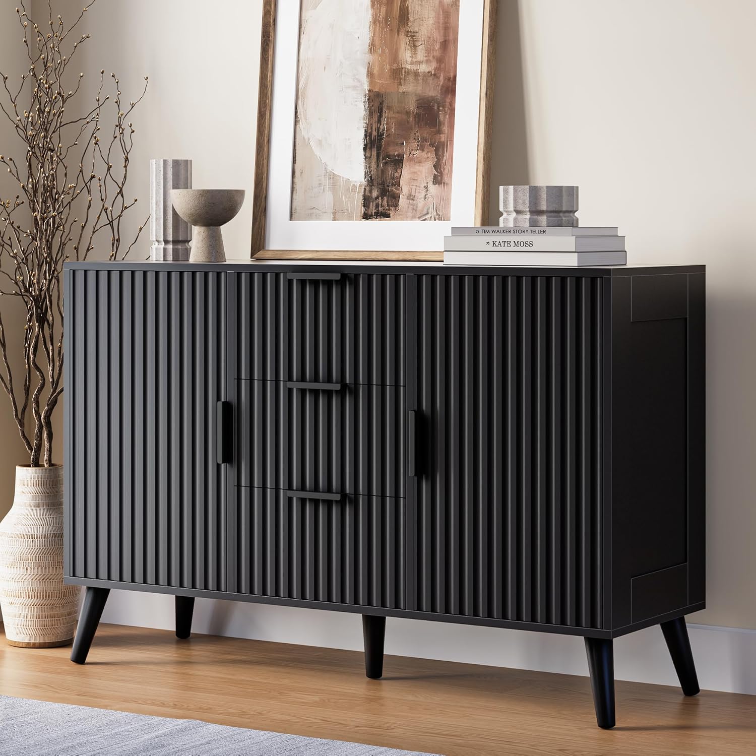47" Black Sideboard Buffet Cabinet with 3 Drawers, Fluted Modern Buffet Cabinet with Storage, 2 Doors Sideboard Cabinets Accent Credenza for Dining Room|Living Room|Entryway