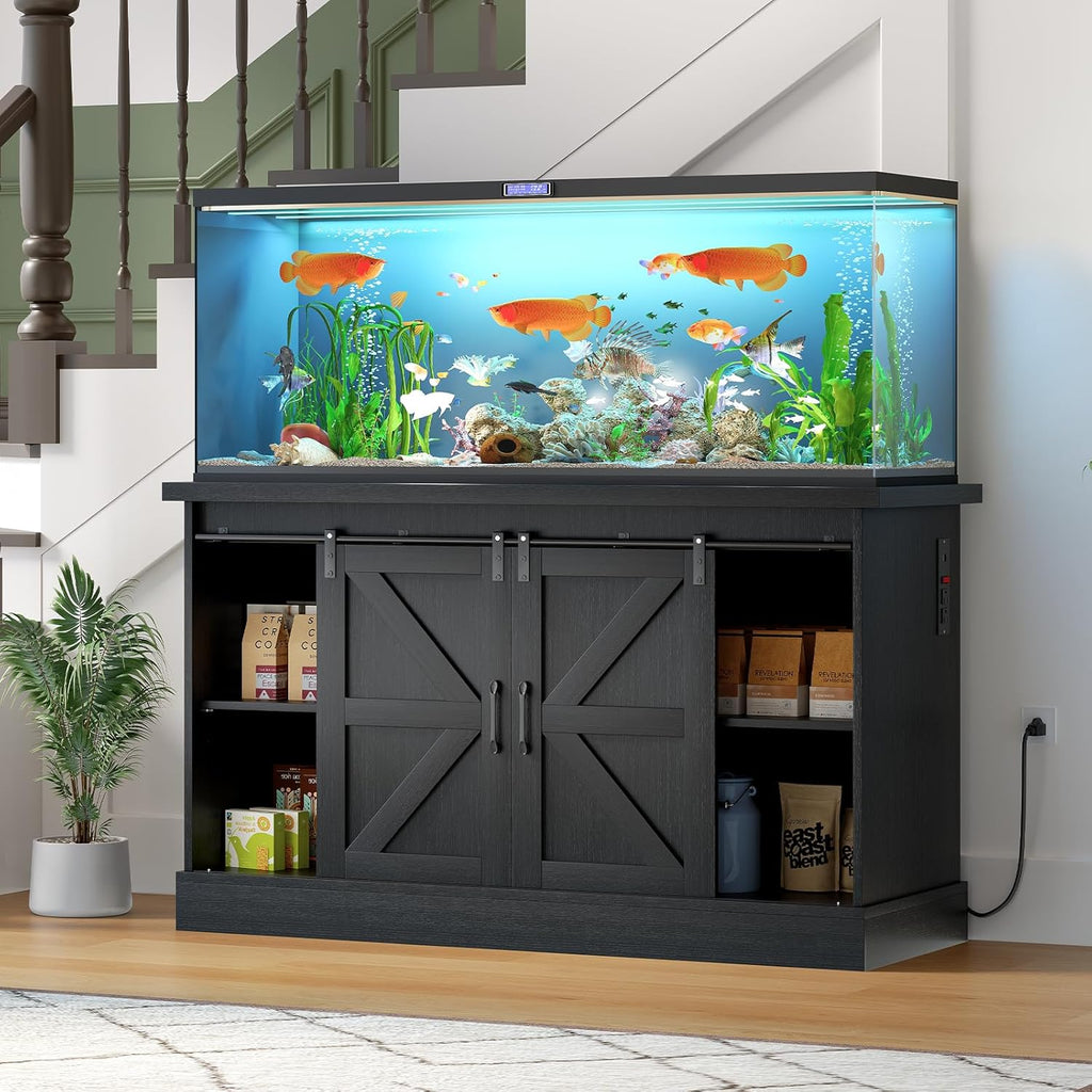 55-75 Gallon Fish Tank Stand with Sliding Barn Doors & Power Outlet, Heavy Duty Aquarium Stand with Cabinet Storage for Fish Tank, Turtle Tank, Reptile Terrarium, 1000LBS Capacity, Black