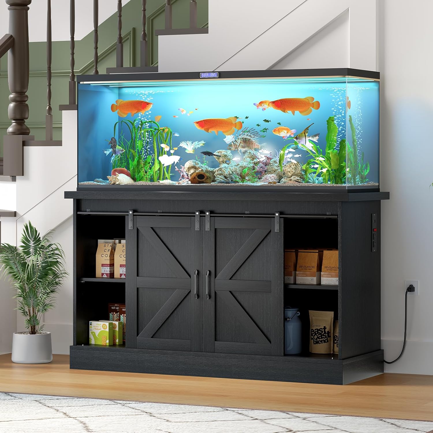 55-75 Gallon Fish Tank Stand with Sliding Barn Doors & Power Outlet, Heavy Duty Aquarium Stand with Cabinet Storage for Fish Tank, Turtle Tank, Reptile Terrarium, 1000LBS Capacity, Black
