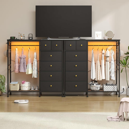 47.2" Black Dresser with Hanging Rack, 2 in 1 Bedroom 6 Drawers Dresser with LED Lights & Charging Station, Wooden Dressers with Fabric Drawers and Clothing Rack for Girls, Kids