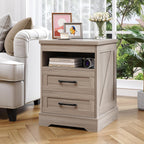 Farmhouse Nightstand with LED Lights and Built-in Power Outlets & USB Ports, Bedside Table with 2 Drawers and Open Storage Shelf, End Table for Bedroom, Grey