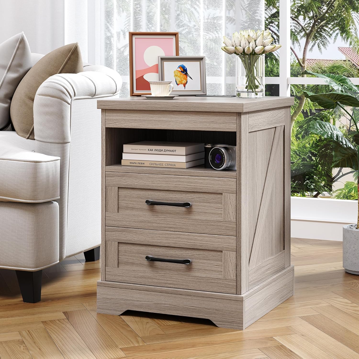 Farmhouse Nightstand with LED Lights and Built-in Power Outlets & USB Ports, Bedside Table with 2 Drawers and Open Storage Shelf, End Table for Bedroom, Grey