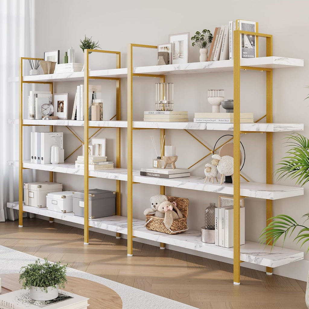 Heavy Duty 4-Tier Industrial Bookcase, 47" Wide Wood Bookshelf for Home Office, 120lbs Shelf Capacity, Shelving Display with Reinforced Horizontal Shelf for Living Room Bedroom,White