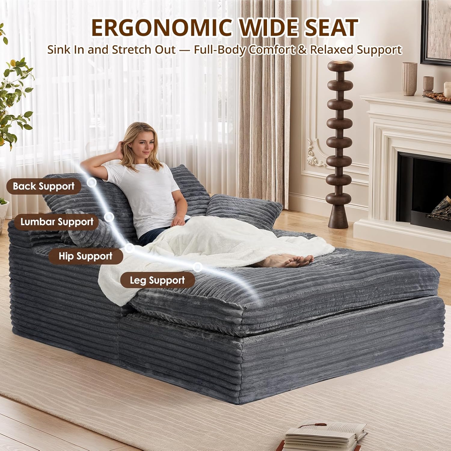 Oversized Chaise Lounge Chair, 57.5'' Deep Seat with 6'' Thick Cushion, Upholstered Sleeper Sofa with Pillows, Comfy Lounge Chair for Tall Adults, Living Room or Bedroom(Grey)