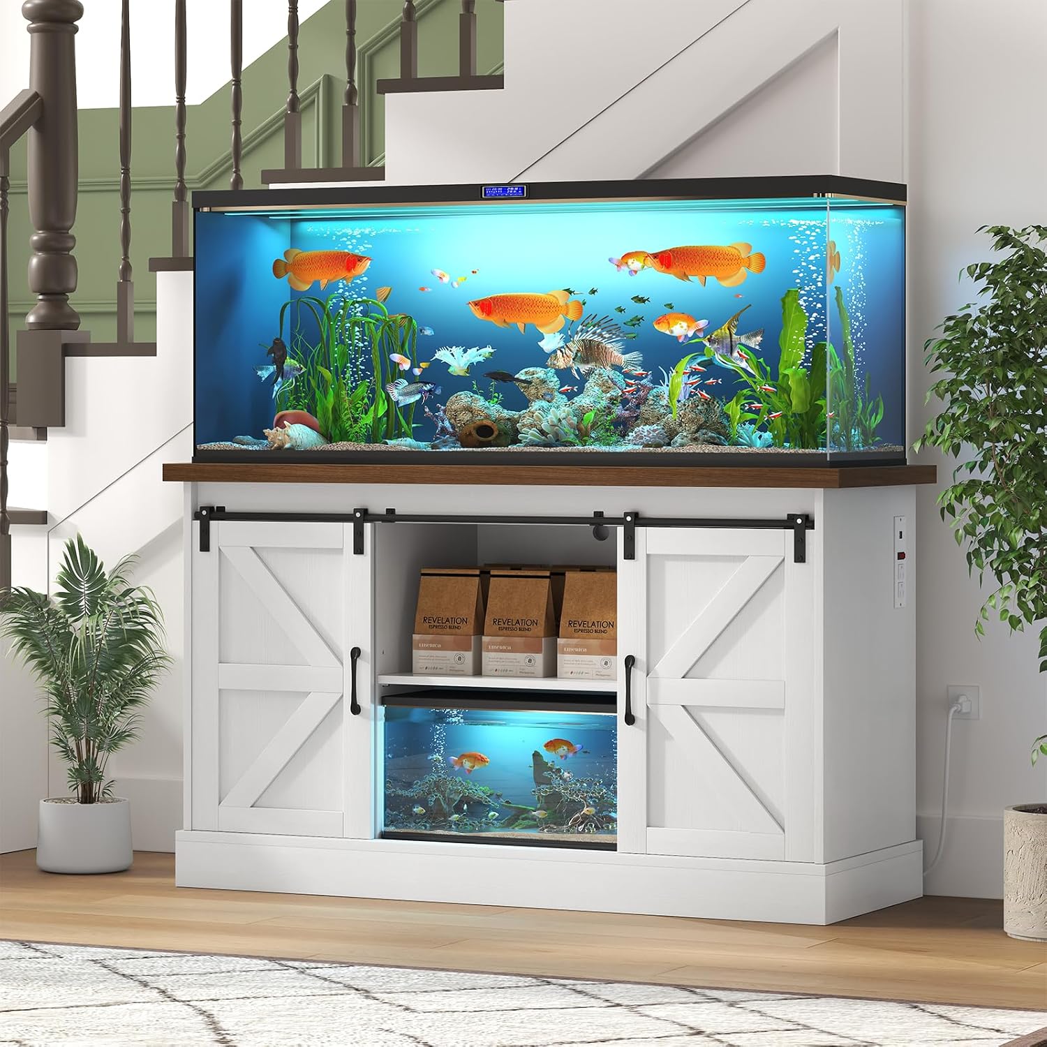 55-75 Gallon Fish Tank Stand with Sliding Barn Doors & Power Outlet, Heavy Duty Aquarium Stand with Cabinet Storage for Fish Tank, Turtle Tank, Reptile Terrarium, 1000LBS Capacity, White