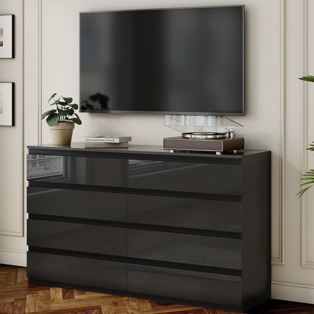 Black Wood Dresser for Bedroom, 8 Drawer Dressers for Clothes Storage, Modern Dresser with Wide Drawers, Wide Wooden Chest Drawers for Living Room, Entryway, TV Stand(55" W x15.4 Dx32.3 H)