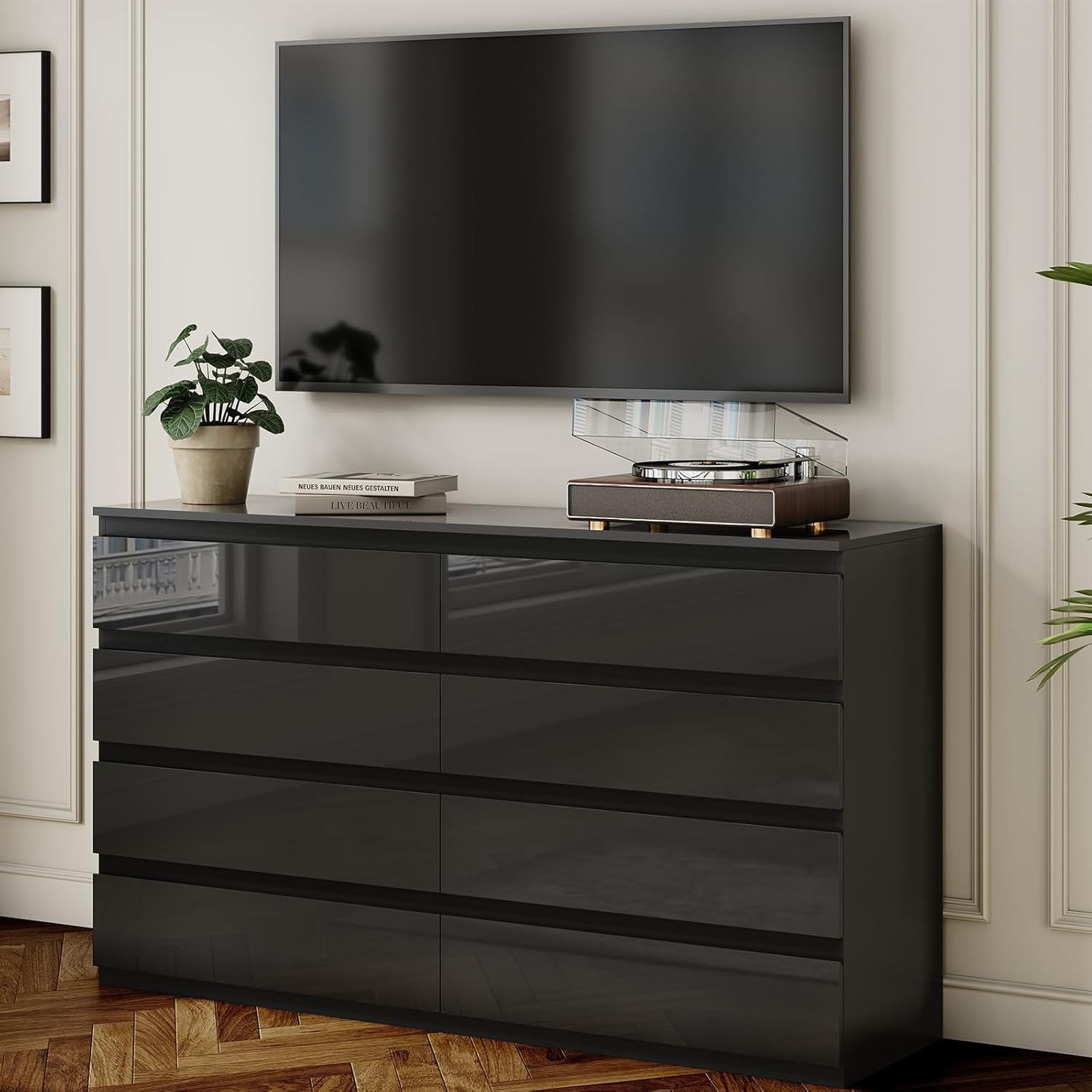 Black Wood Dresser for Bedroom, 8 Drawer Dressers for Clothes Storage, Modern Dresser with Wide Drawers, Wide Wooden Chest Drawers for Living Room, Entryway, TV Stand(55" W x15.4 Dx32.3 H)