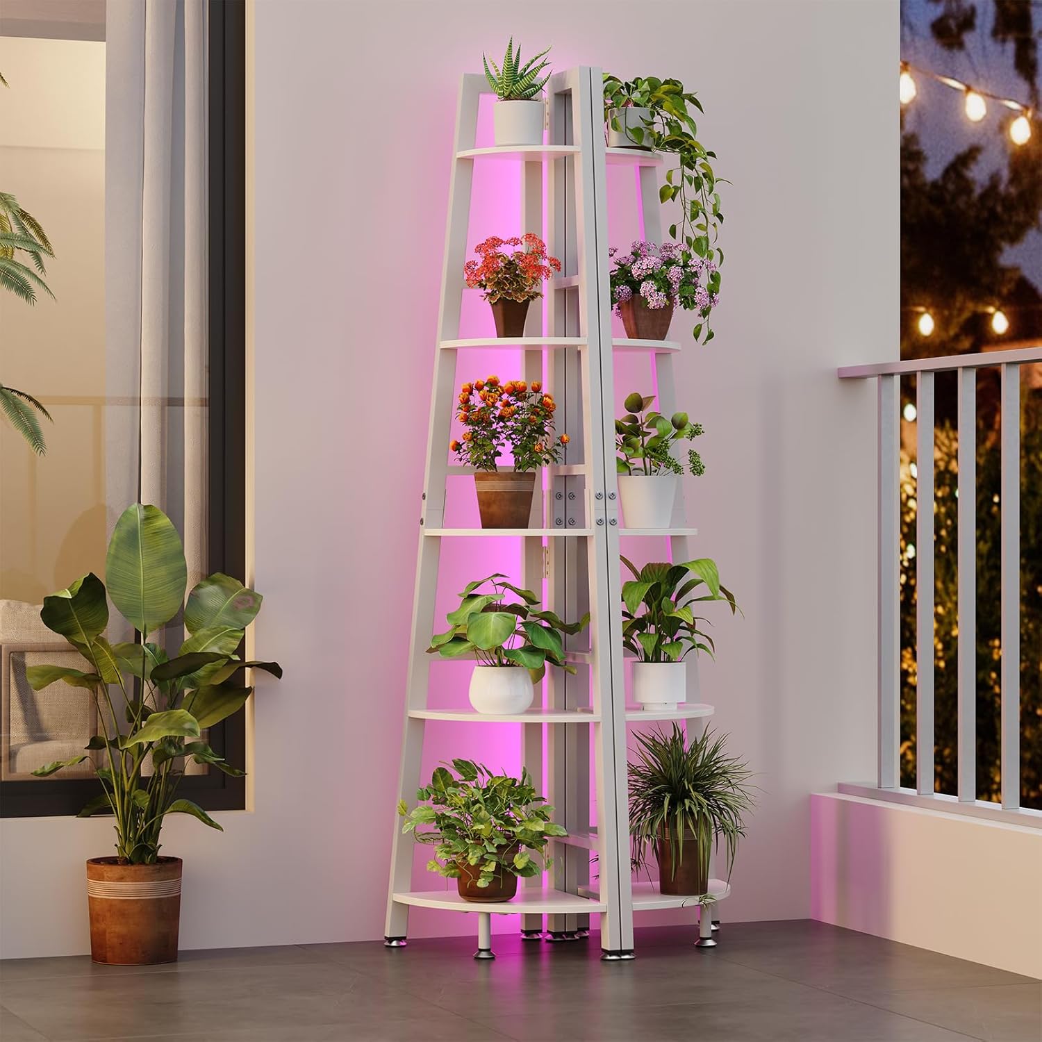 5-Tier Corner Shelf with LED Light, 70 Inch Display Shelf for Living Room, Bedroom, Bookshelf, Industrial Shelf, Plant Shelf (White, Ladder Corner Shelf)
