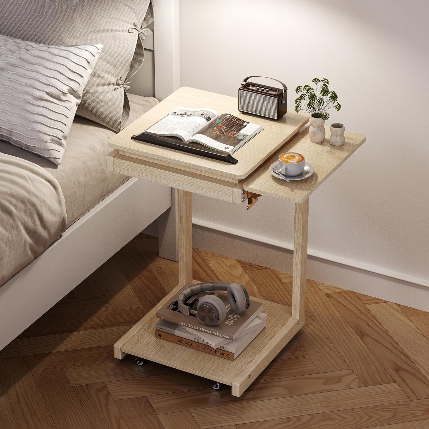 C Shaped End Table, Rolling Side Table with 4-Way Convertible Desktop, Wooden C Table with Multi-Functional Folding Tray & Small Chair, Living Room, Bedroom, White Oak