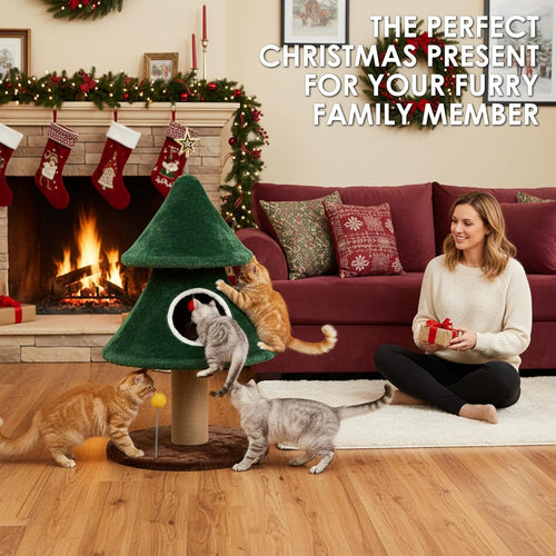 39" Christmas Cat Tree with Cat House, Scratching Post, Cat Furniture with Interactive Toy for Christmas Decoration (Small)
