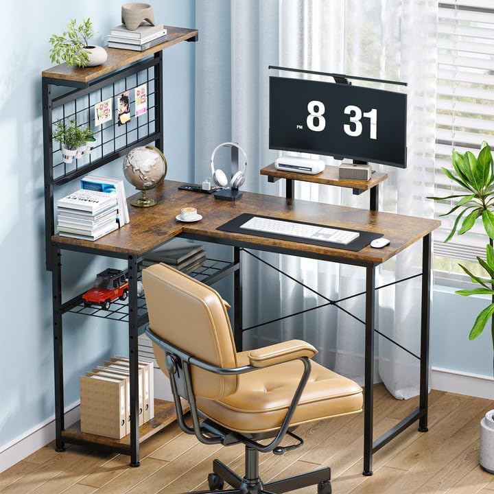 L Shaped Gaming Desk, Reversible Computer Desk with 4-Tier Shelves, Corner Desk with Pegboard, Home Office Desk with LED Lights & Power Outlets Gaming Desk with Storage, Rustic Brown