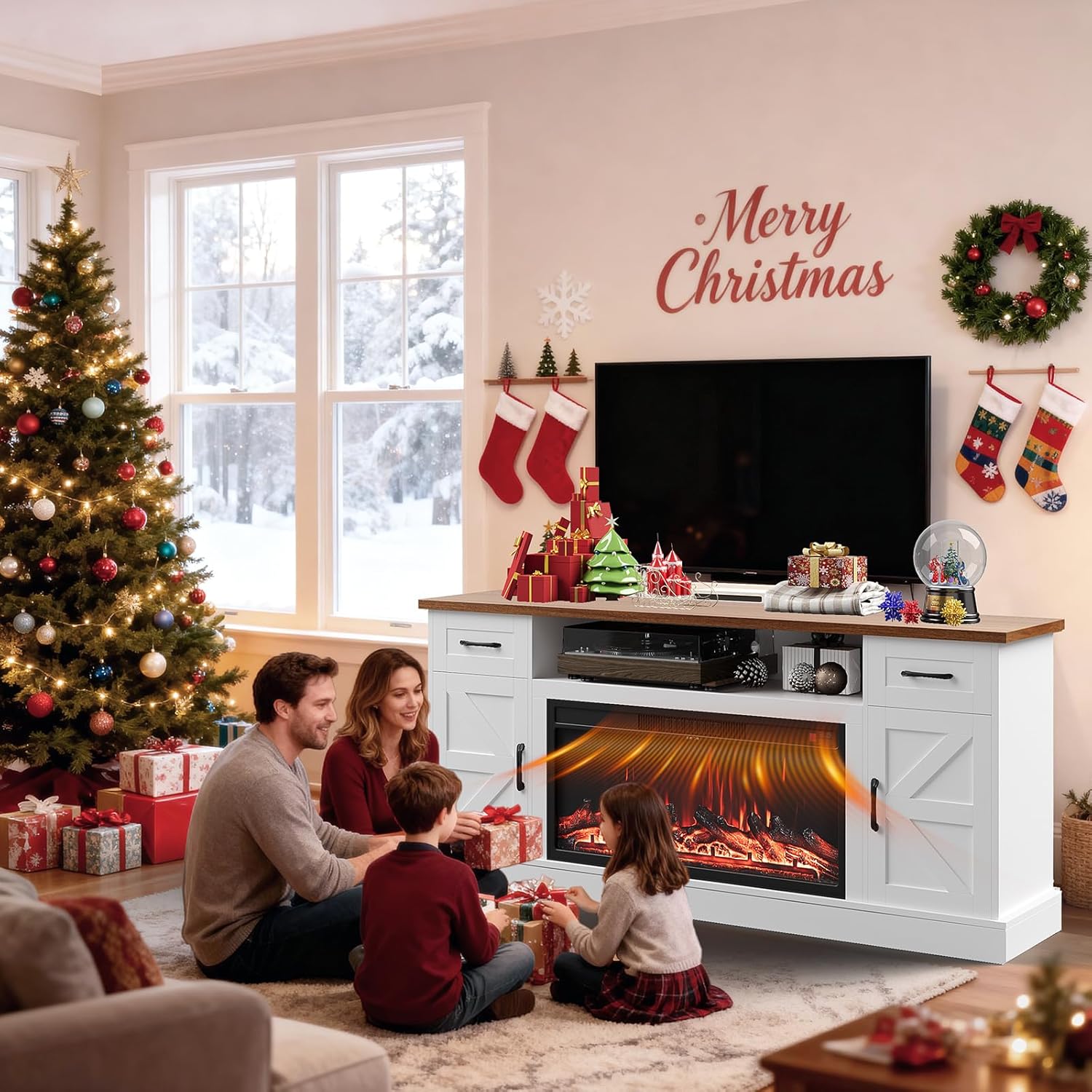 70 inch Fireplace TV Stand for Living Room, Electric Fireplace TV Stand with 12 Colors of 3D Flame & Heating, Entertainment Center with Storage Cabinet (White, Farmhouse)