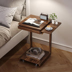 C Shaped End Table, Rolling Side Table with 4-Way Convertible Desktop, Wooden C Table with Multi-functional Folding Tray & Lockable Wheels, Side Table for Couch, Living Room, Bedroom,Walnut