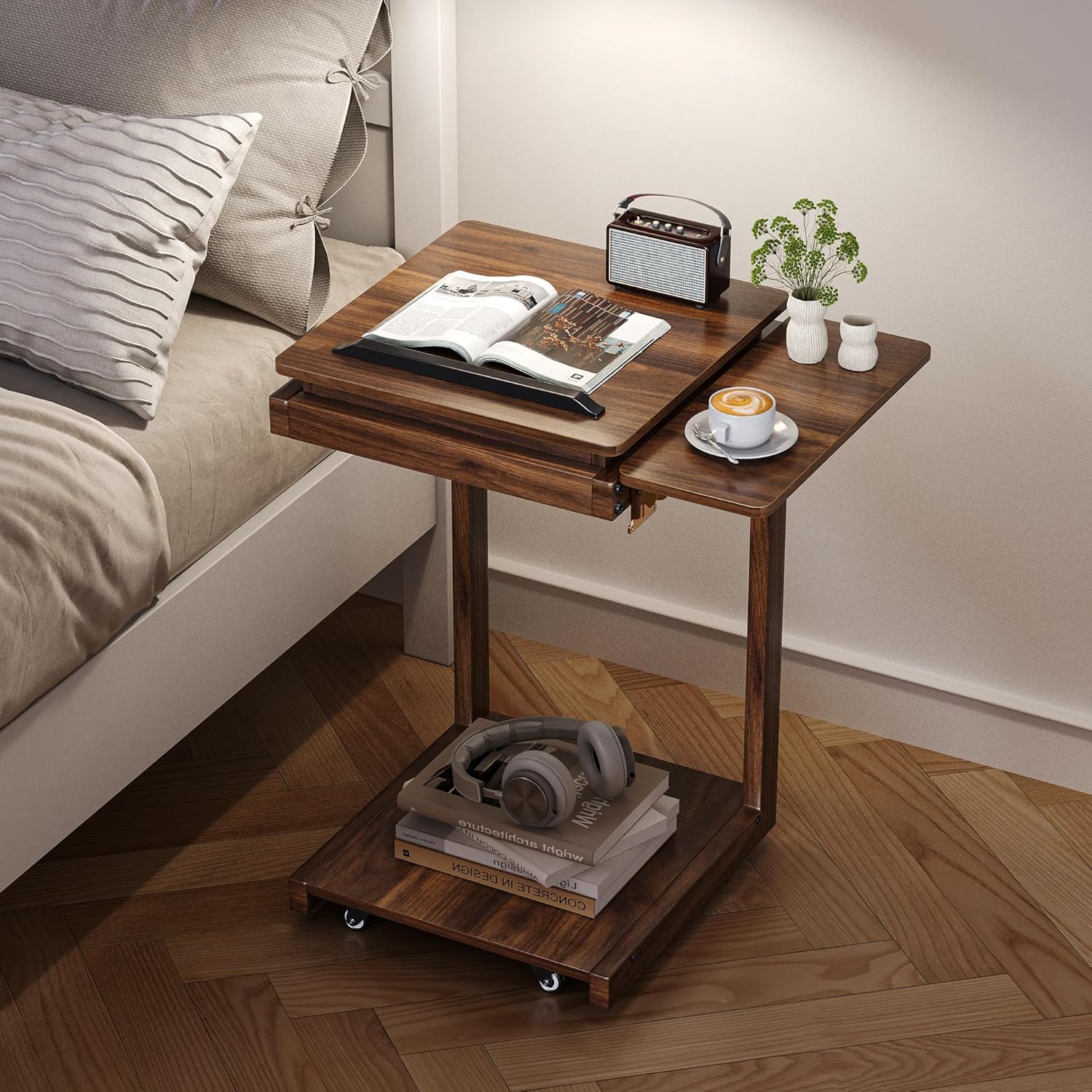 C Shaped End Table, Rolling Side Table with 4-Way Convertible Desktop, Wooden C Table with Multi-functional Folding Tray & Lockable Wheels, Side Table for Couch, Living Room, Bedroom,Walnut