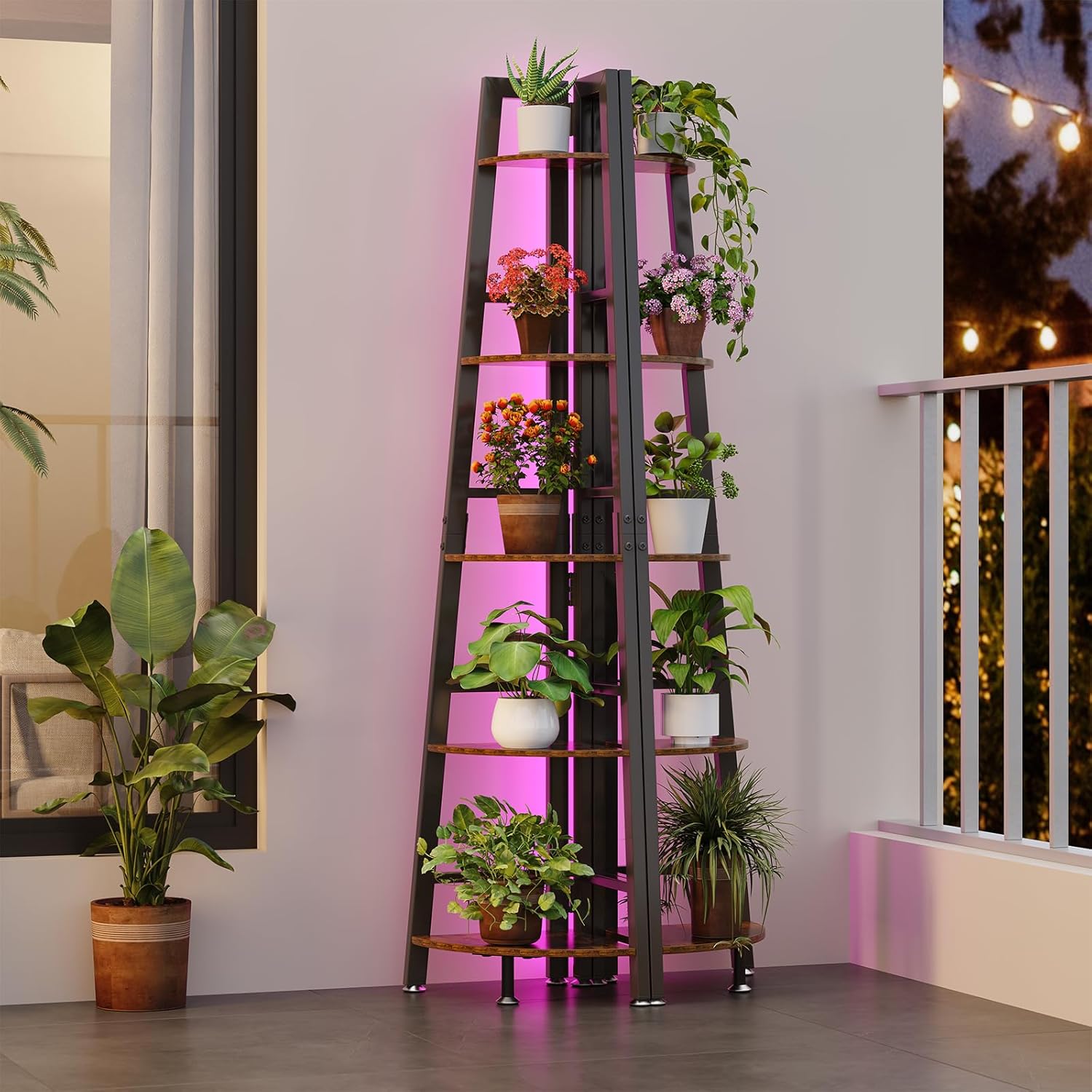5-Tier Corner Shelf with LED Light, 70 Inch Display Shelf for Living Room, Bedroom, Bookshelf, Industrial Shelf, Plant Shelf (Rustic Brown, Ladder Corner Shelf)