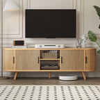 62" Fluted TV Stand, Mid Century Modern TV Stand for TVs up to 70", Entertainment Center with Storage, Sliding Doors, Adjustable Shelf, Wood Media Console for Living Room, Bedroom, Natural