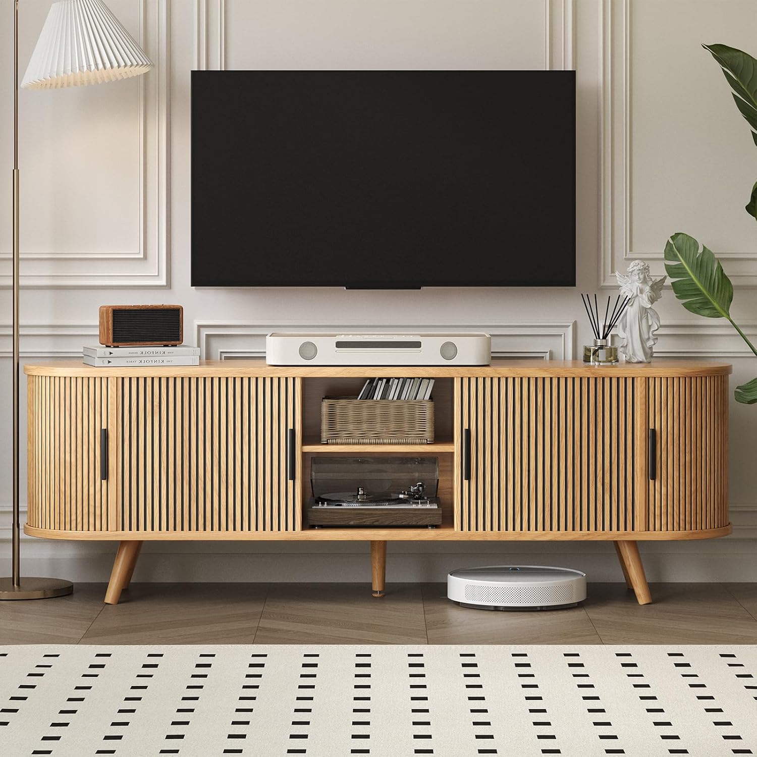 62" Fluted TV Stand, Mid Century Modern TV Stand for TVs up to 70", Entertainment Center with Storage, Sliding Doors, Adjustable Shelf, Wood Media Console for Living Room, Bedroom, Natural