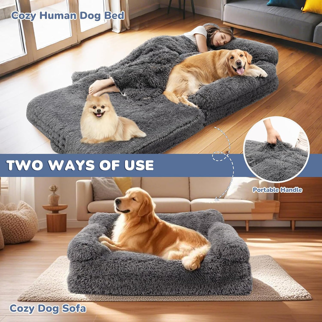 79" Foldable Human Dog Bed for Adults, Fluffy Faux Fur with Blanket, Orthopedic Washable Dog Bed with Memory Foam and Water Repellent Liner Extra Large Thick for Pet (Grey)