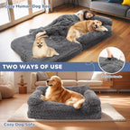79" Foldable Human Dog Bed for Adults, Fluffy Faux Fur with Blanket, Orthopedic Washable Dog Bed with Memory Foam and Water Repellent Liner Extra Large Thick for Pet (Grey)