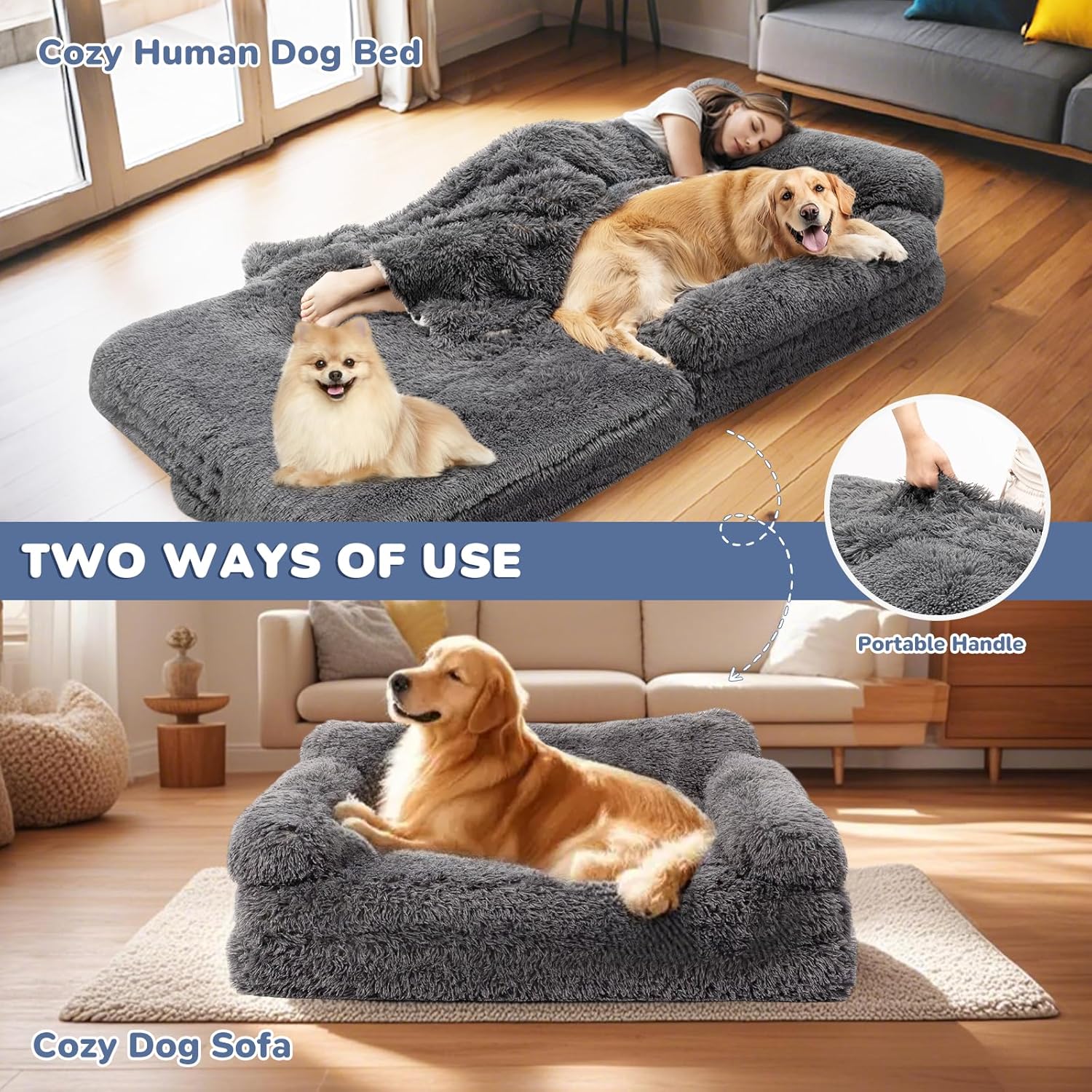 79" Foldable Human Dog Bed for Adults, Fluffy Faux Fur with Blanket, Orthopedic Washable Dog Bed with Memory Foam and Water Repellent Liner Extra Large Thick for Pet (Grey)
