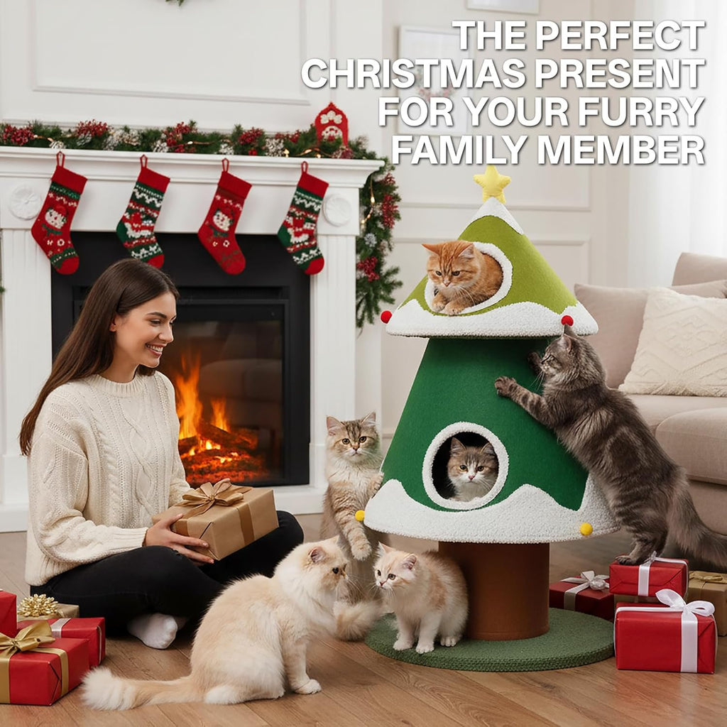 Christmas Cat Tree, 4 Cat House for Multi-Cat Households (Small)