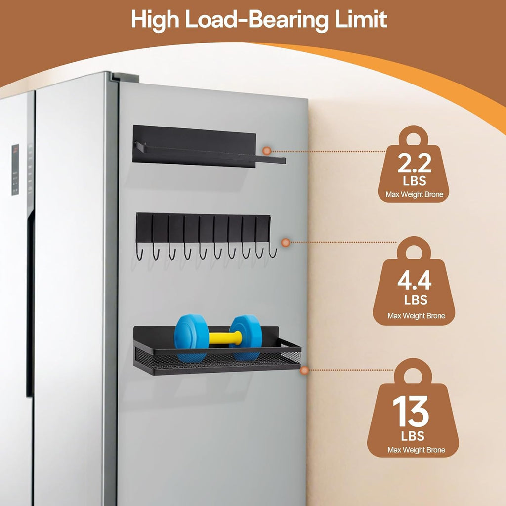 5 Pack Magnetic Shelves for Fridge and Washing Machine, Magnetic Laundry Organizer, Magnetic Spice Rack for Refrigerator with Versatile Hooks, Paper Towel Holder and Metal Storage Baskets