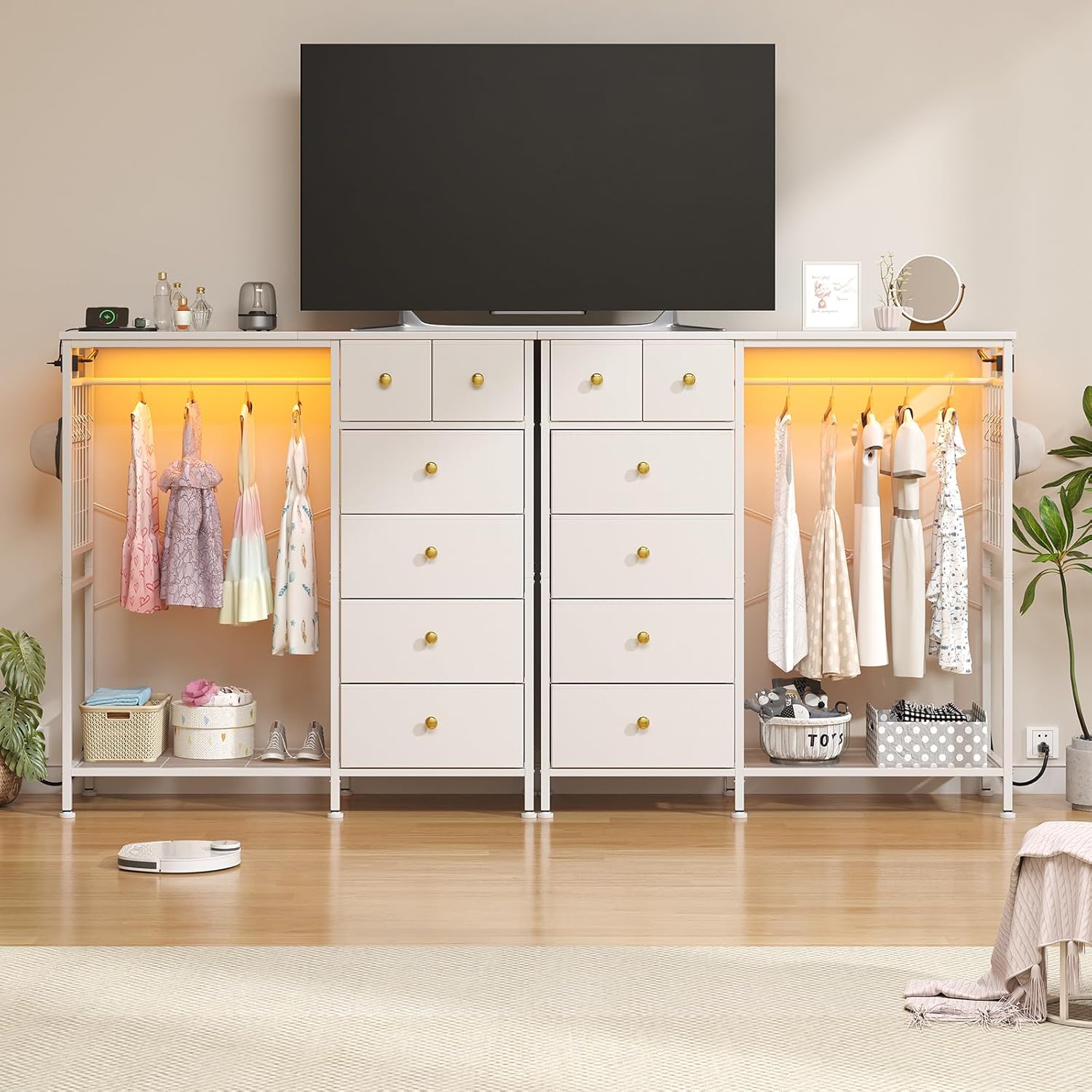 47.2" White Dresser with Hanging Rack, 2 in 1 Bedroom 6 Drawers Dresser with LED Lights & Charging Station, Wooden Dressers with Fabric Drawers and Clothing Rack for Girls, Kids