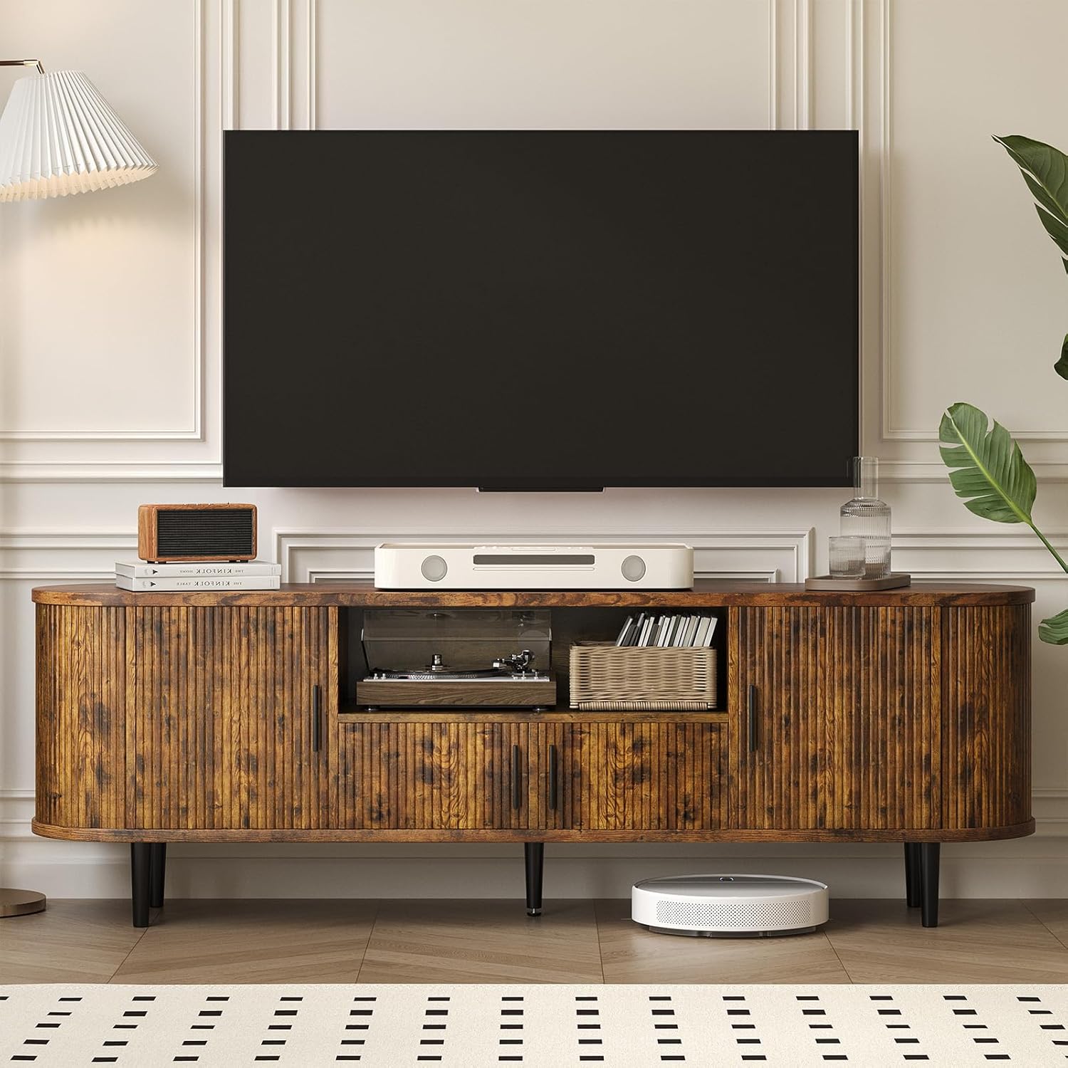 70" Fluted TV Stand, Mid Century Modern TV Stand for TVs up to 80", Entertainment Center with Storage, Adjustable Shelves, Wood Media Console for Living Room, Bedroom,Rustic Brown