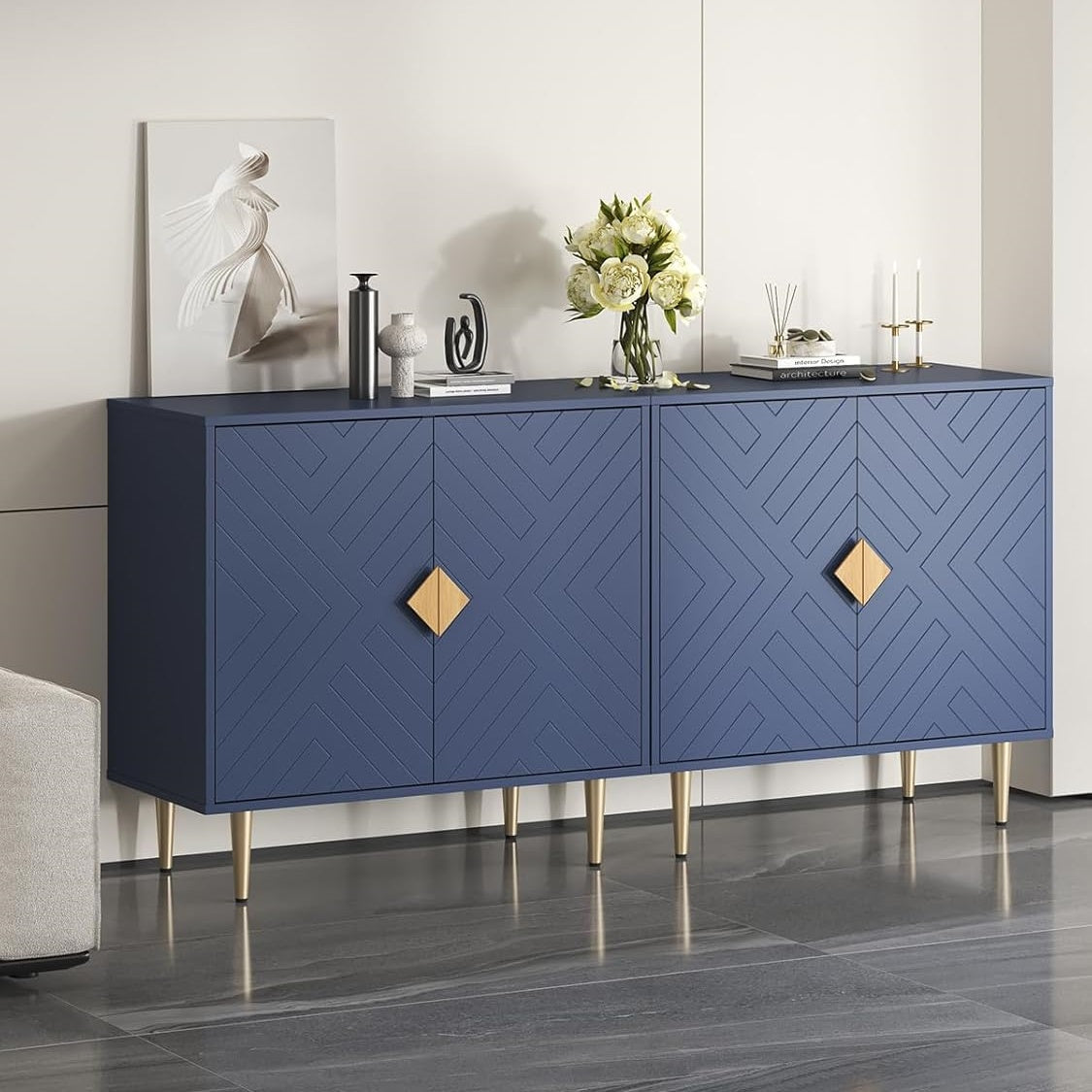 Sideboard Cabinet, 63'' Modern Buffet Cabinet with Storage Set of 2, Credenza with 4 Doors and Adjustable Shelves, Sideboard for Living Room, Kitchen and Entryway, Blue