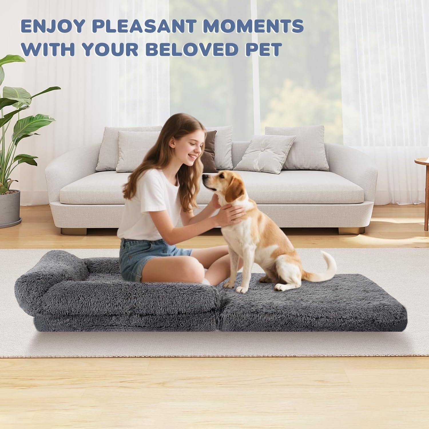 72" Foldable Human Dog Bed for Adults, Fluffy Faux Fur with Blanket, Orthopedic Washable Dog Bed with Memory Foam and Water Repellent Liner Extra Large Thick for Pet (Grey)