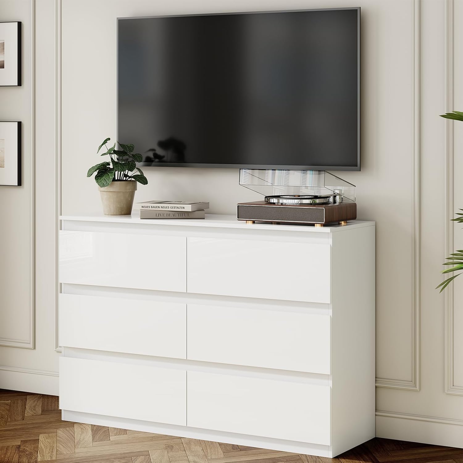 White Wood Dresser, 6 Drawer Dressers for Clothes Storage for Bedroom, Modern Dresser with Wide Drawers, Wide Wooden Chest Drawers for Living Room, Entryway, TV Stand(47" W x15.4 Dx32.3 H)