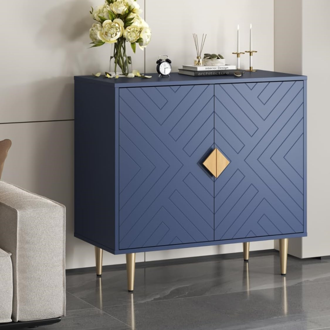 Buffet Cabinet with Storage, 31.5'' Modern Sideboard Cabinet with 2 Doors and Adjustable Shelf, Credenza Buffet Table for Living Room, Kitchen and Entryway, Blue