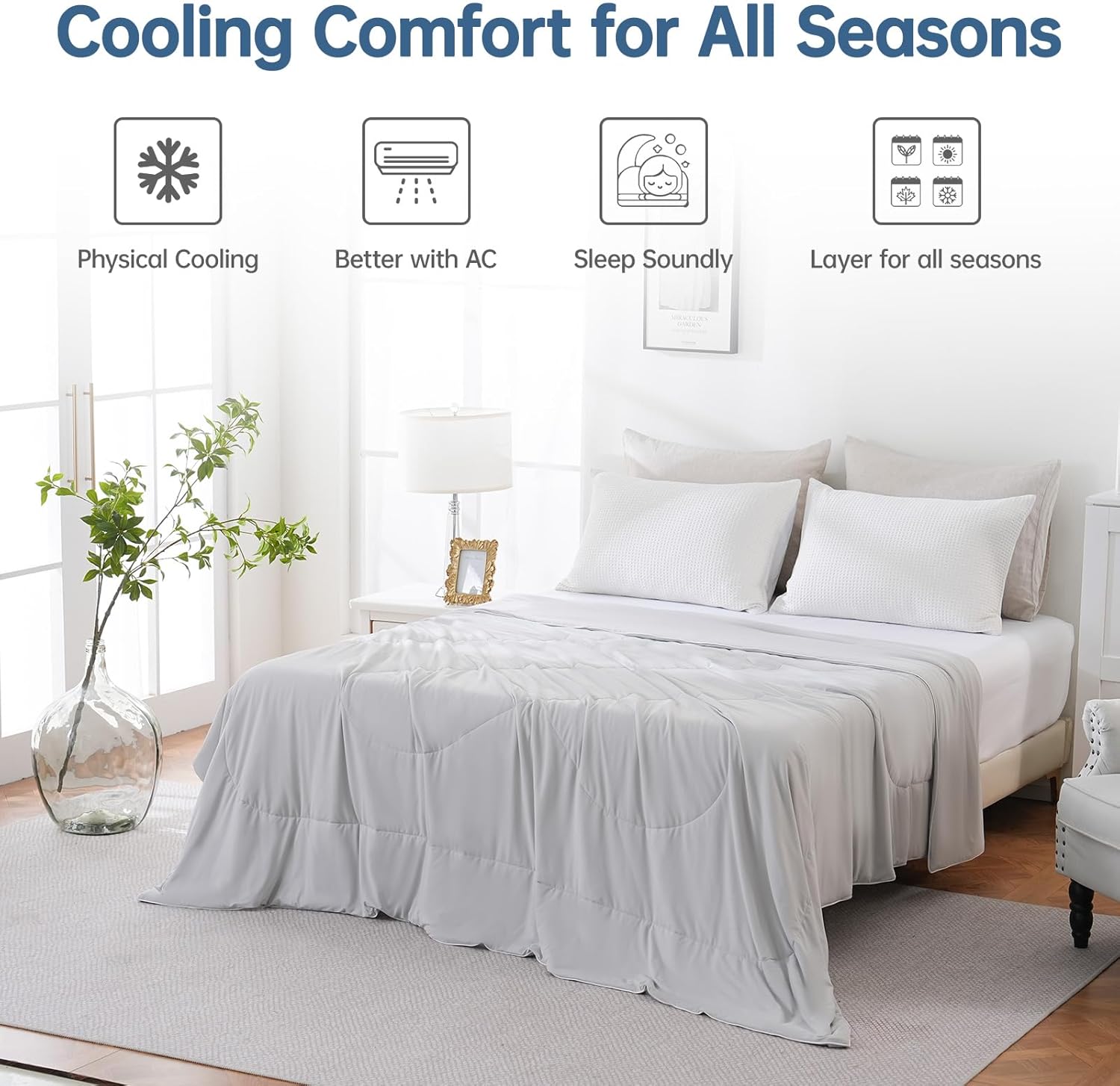 Cooling Comforter Twin Size for Hot Sleepers, 68"x90" Summer Cooling Blanket for Night Sweats, Silk Soft Lightweight Breathable All-Season Grey Cooling Quilt Blanket