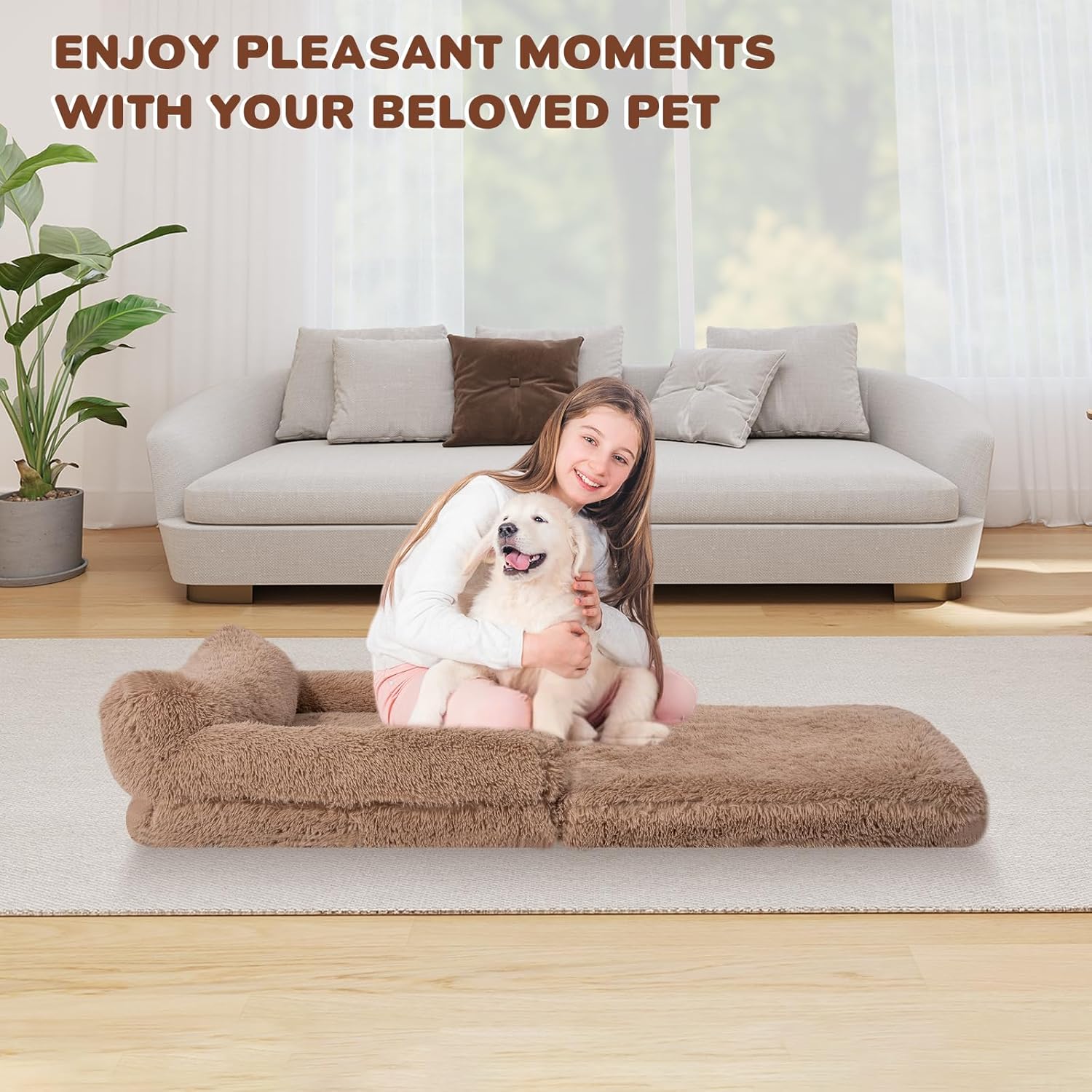57" Foldable Human Dog Bed for Kids, Fluffy Faux Fur, Orthopedic Washable Dog Bed with Memory Foam and Water Repellent Liner Thick for Pet Installation Free (Brown)