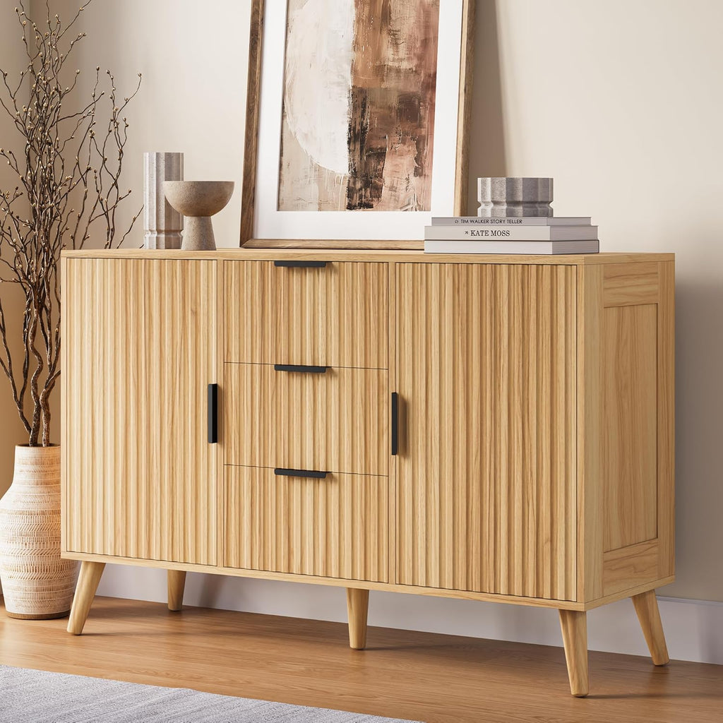 47" Natural Sideboard Buffet Cabinet with 3 Drawers, Fluted Modern Buffet Cabinet with Storage, 2 Doors Sideboard Cabinets Accent Credenza for Dining Room|Living Room|Entryway
