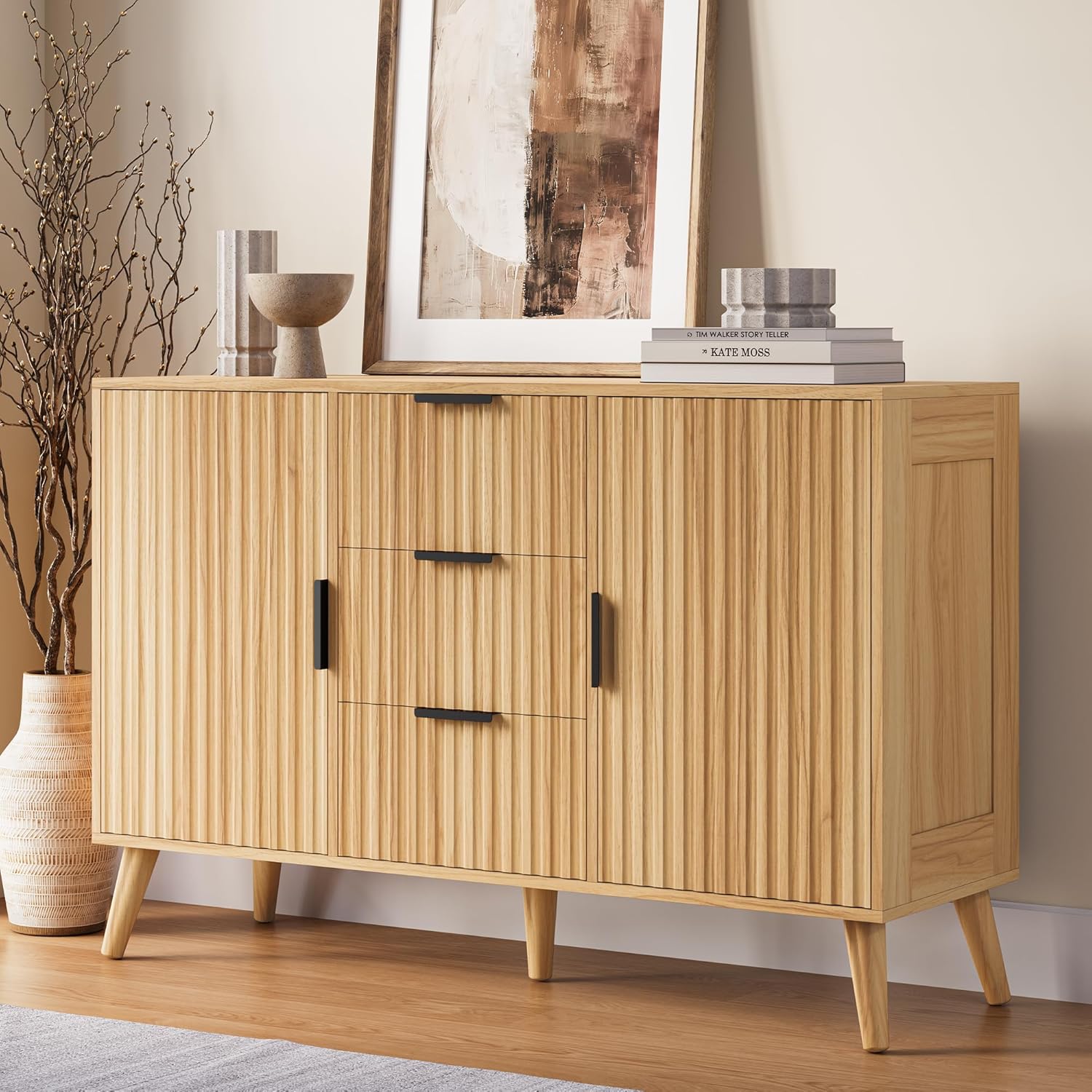 47" Natural Sideboard Buffet Cabinet with 3 Drawers, Fluted Modern Buffet Cabinet with Storage, 2 Doors Sideboard Cabinets Accent Credenza for Dining Room|Living Room|Entryway