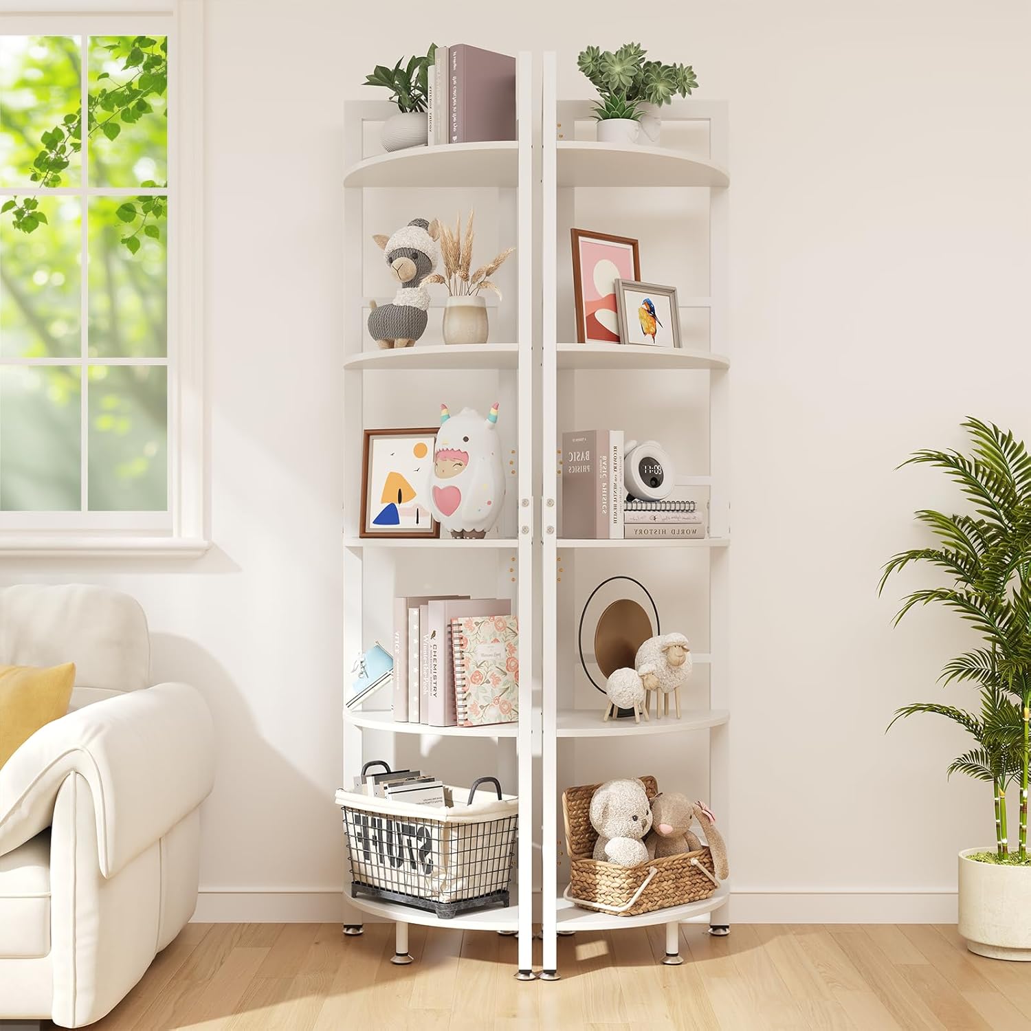 5-Tier Corner Shelf Stand with LED Light, 70 Inch Tall Display Shelf for Living Room, Bedroom, Bookshelf, Industrial Shelf with Steel Frame, Plant Shelf (White)