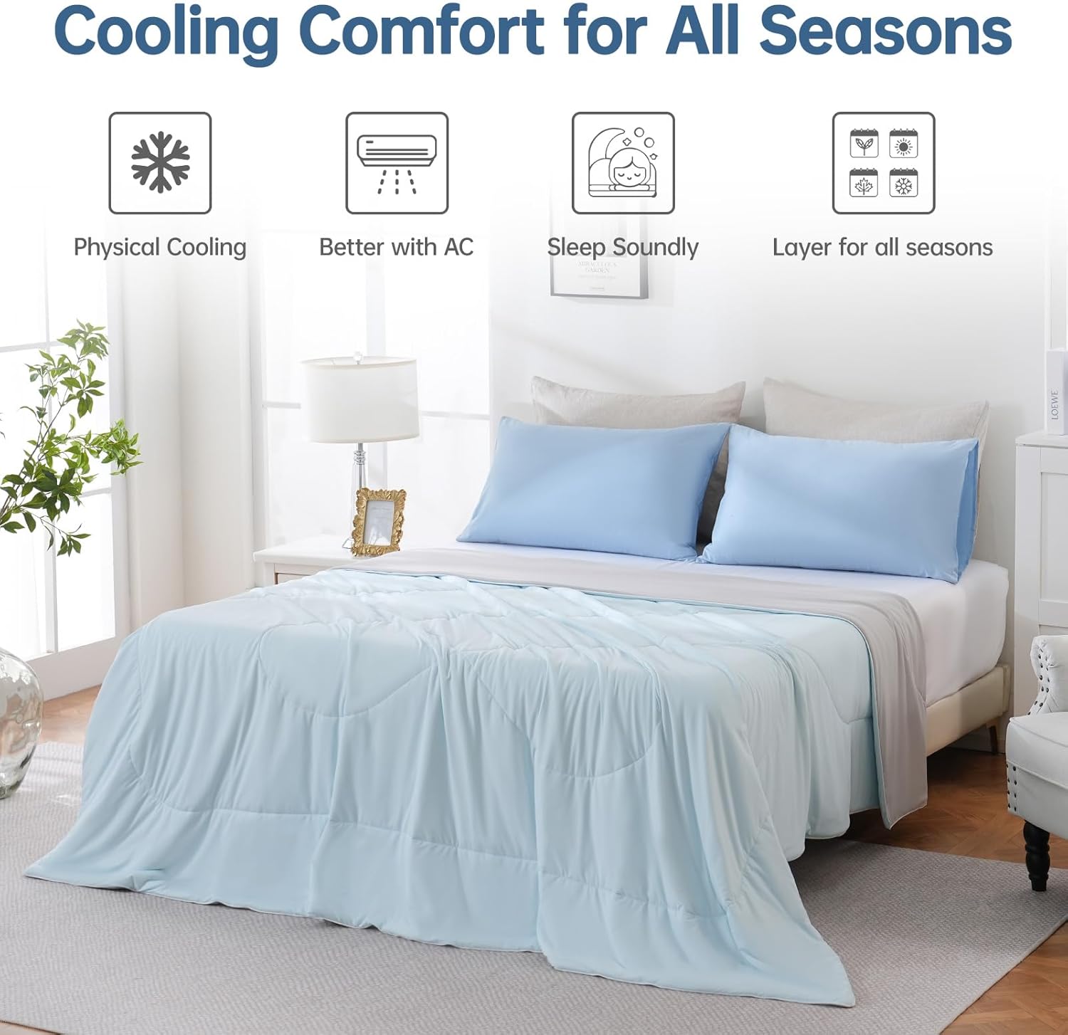 Cooling Comforter Oversized King for Hot Sleepers, 108"x90" Summer Cooling Blanket for Night Sweats, Silk Soft Lightweight Breathable All-Season Blue Grey Cooling Quilt Blanket